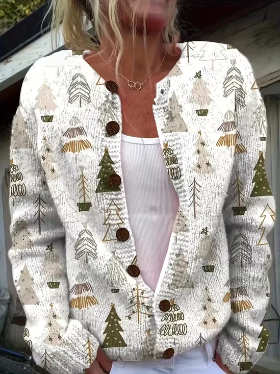 Women Christmas Printing Long Sleeve Crew Neck Vintage Spring/Fall Cardigan Outerwear