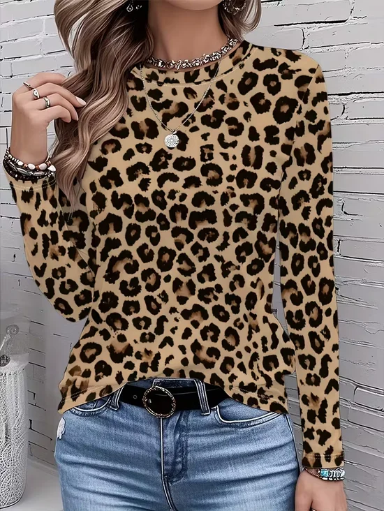 Women Leopard Long Sleeve Tee T-shirt Crew Neck Printing Casual Spring/Fall Graphic Tee Top