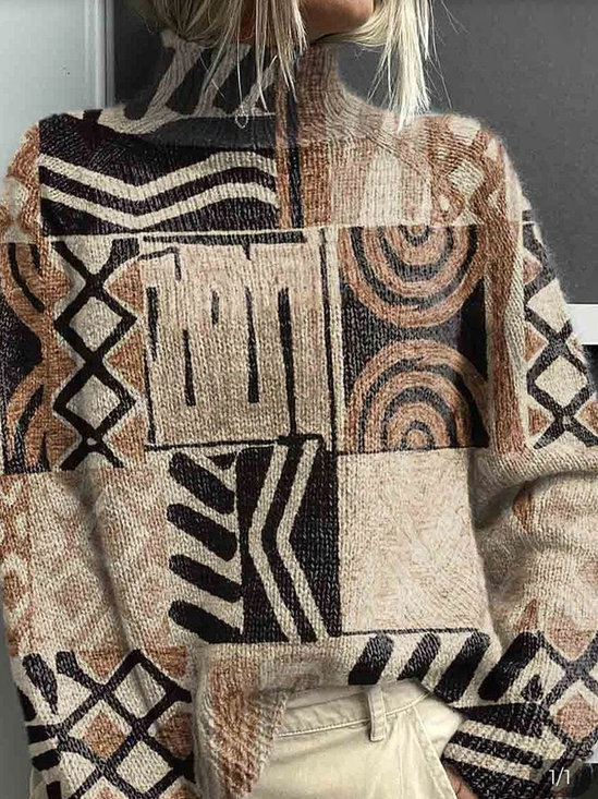 Women Geometric Printing Spring/Fall Vintage Long Sleeve Turtleneck Sweater
