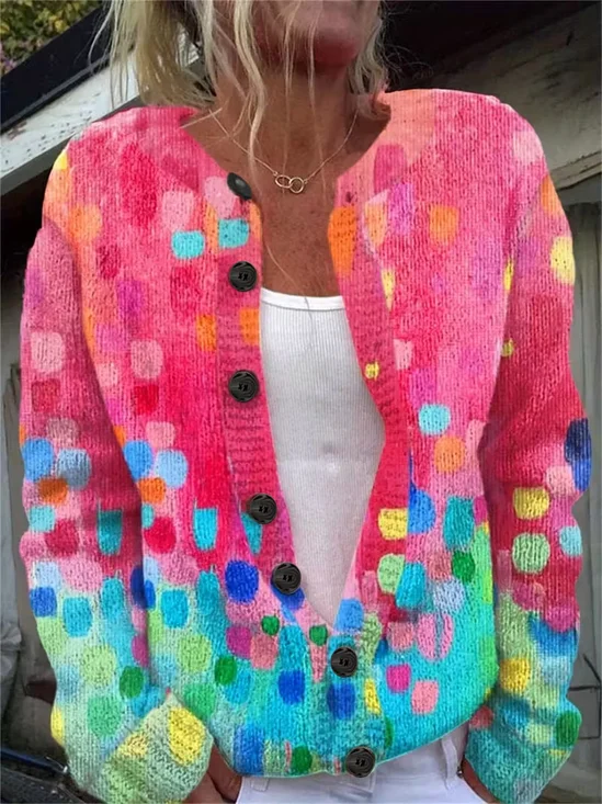 Women Abstract Printing Long Sleeve Crew Neck Vintage Spring/Fall Cardigan Outerwear