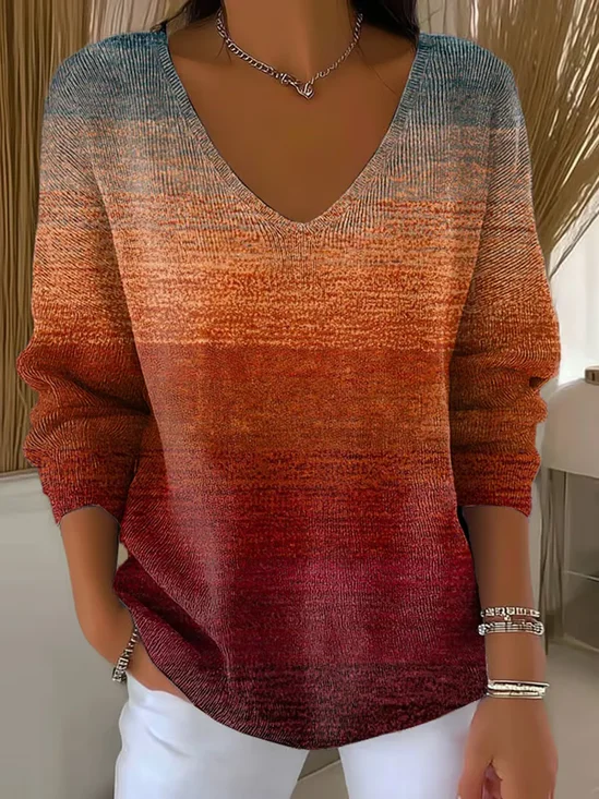Women Abstract Long Sleeve Tee T-shirt V Neck Printing Casual Spring/Fall Top