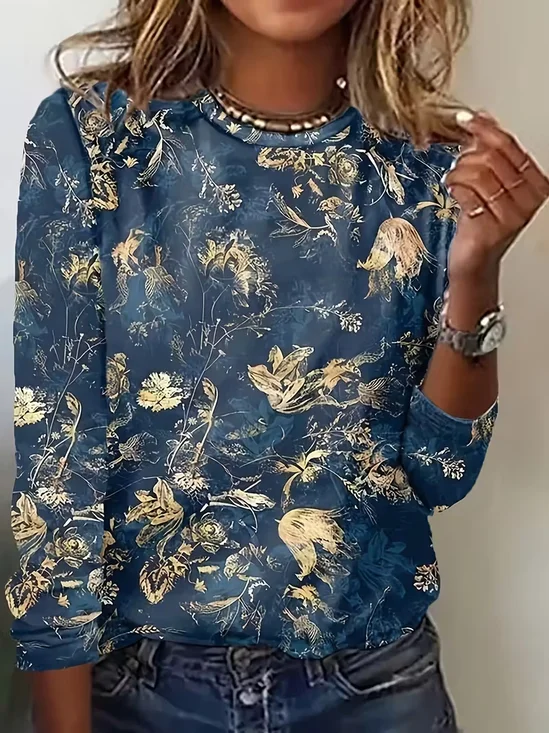 Women Floral Long Sleeve Tee T-shirt Crew Neck Printing Casual Spring/Fall Graphic Tee Top