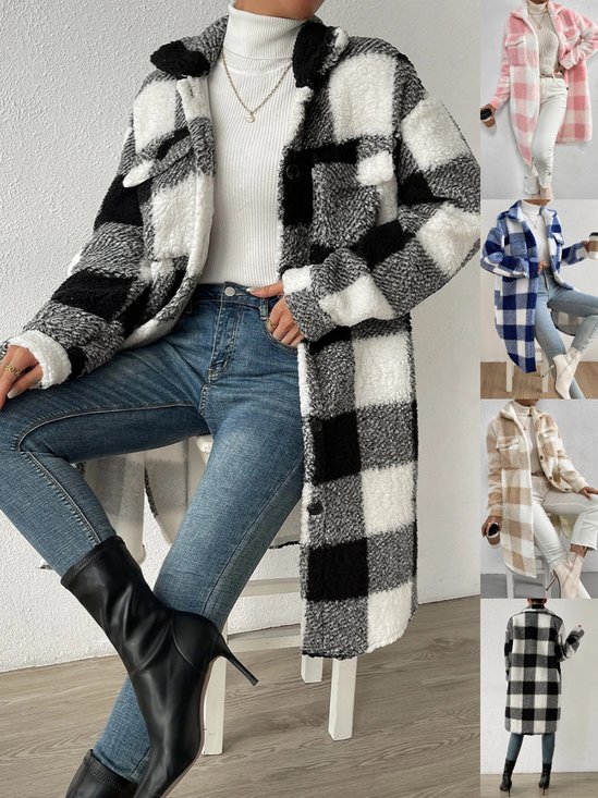 Women's Plaid Winter Outerwear Casual Printing Mid-long Shawl Collar Overcoat