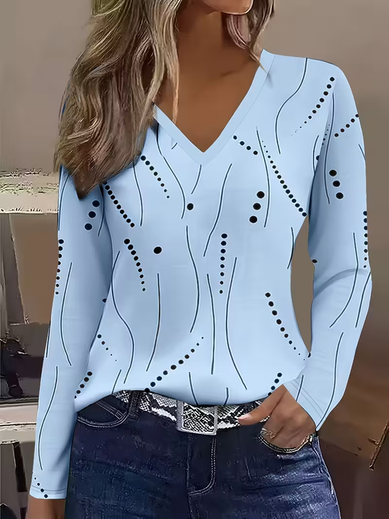Women Polka Dots Long Sleeve Tee T-shirt V Neck Printing Casual Spring/Fall Graphic Tee Top