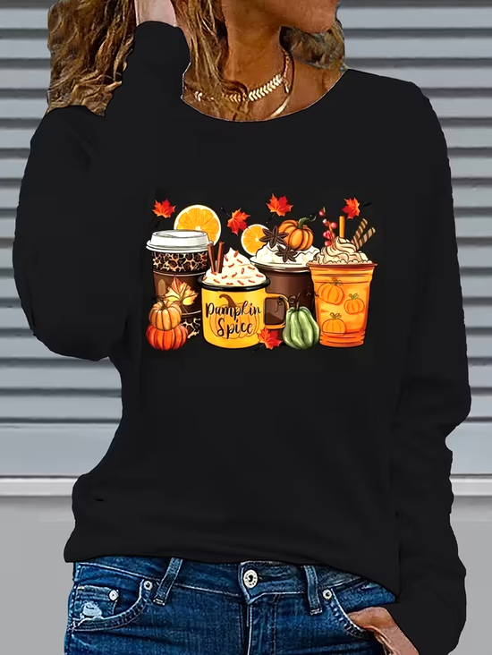Women Halloween (pumpkin) Long Sleeve Tee T-shirt Crew Neck Printing Casual Spring/Fall Graphic Tee Top