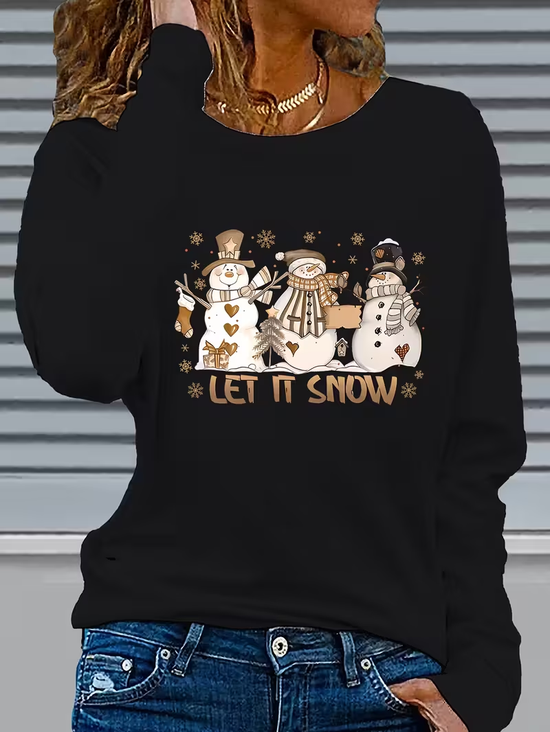 Women Christmas Snowman Long Sleeve Tee T-shirt Crew Neck Printing Casual Spring/Fall Graphic Tee Top