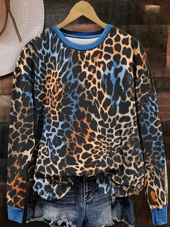 Women Leopard Crew Neck Printing Casual Spring/Fall Long Sleeve Sweatshirt