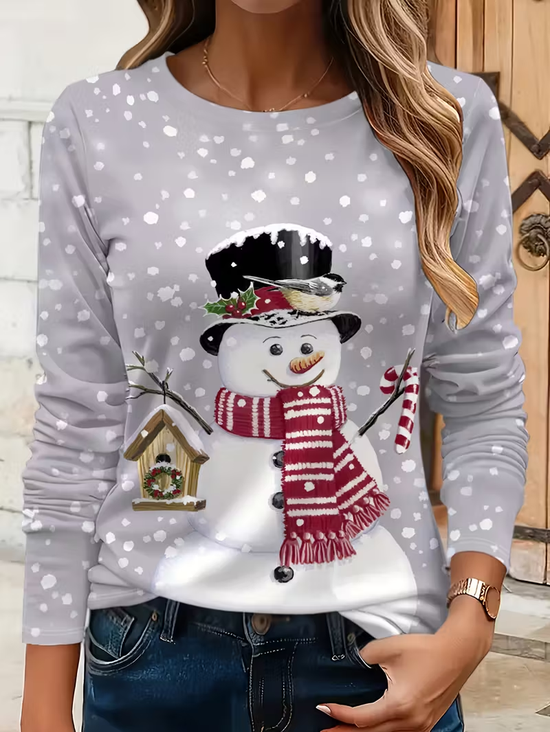Women Christmas Snowman Long Sleeve Tee T-shirt Crew Neck Printing Casual Spring/Fall Graphic Tee Top