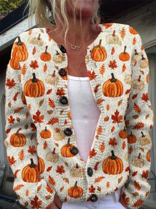 Women Maple Leaf Printing Long Sleeve Crew Neck Vintage Spring/Fall Cardigan Outerwear