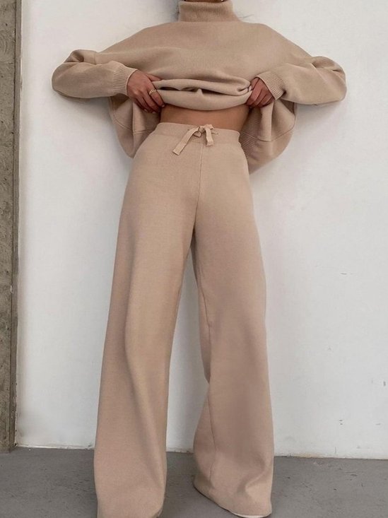 Women Plain Lace-up Two-Piece Set Daily Long Sleeve Casual Spring/Fall Top With Pants Matching Set