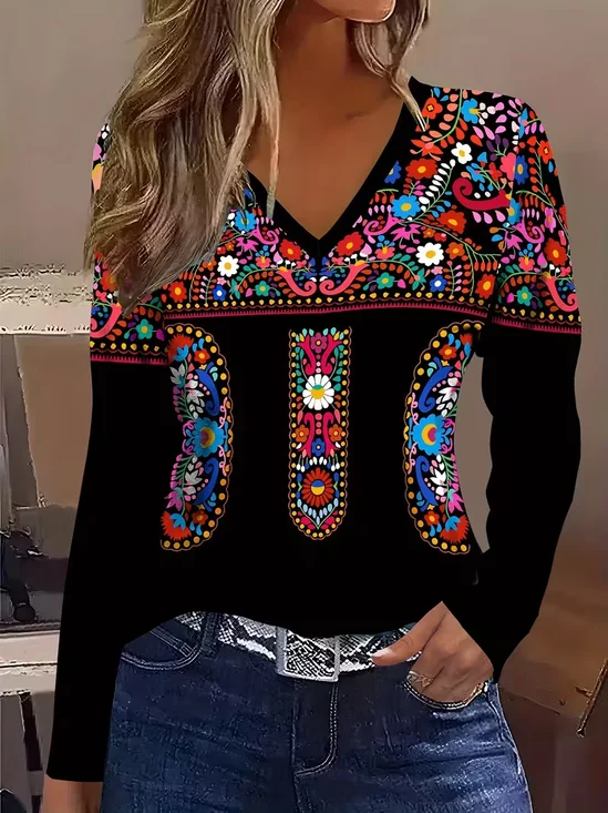 Women Floral Long Sleeve Tee T-shirt V Neck Printing Casual Spring/Fall Graphic Tee Top