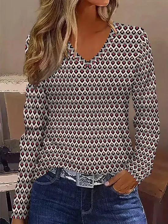 Women Abstract Long Sleeve Tee T-shirt V Neck Printing Casual Spring/Fall Graphic Tee Top