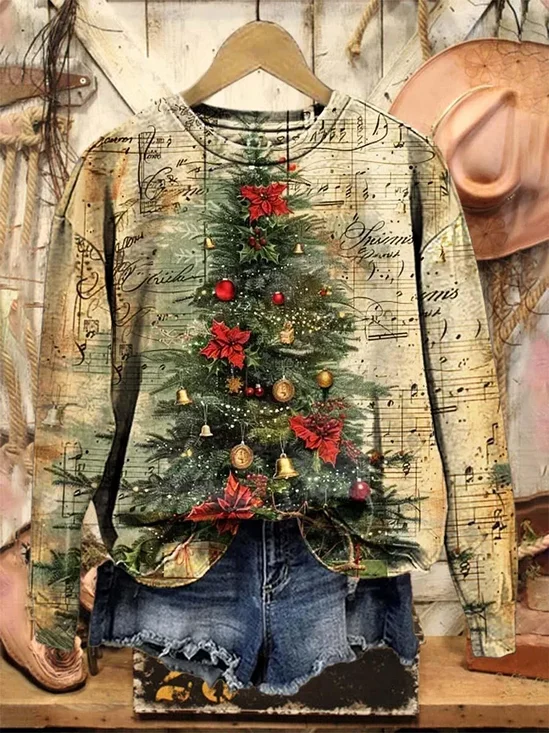 Women Christmas Crew Neck Printing Casual Spring/Fall Long Sleeve Sweatshirt