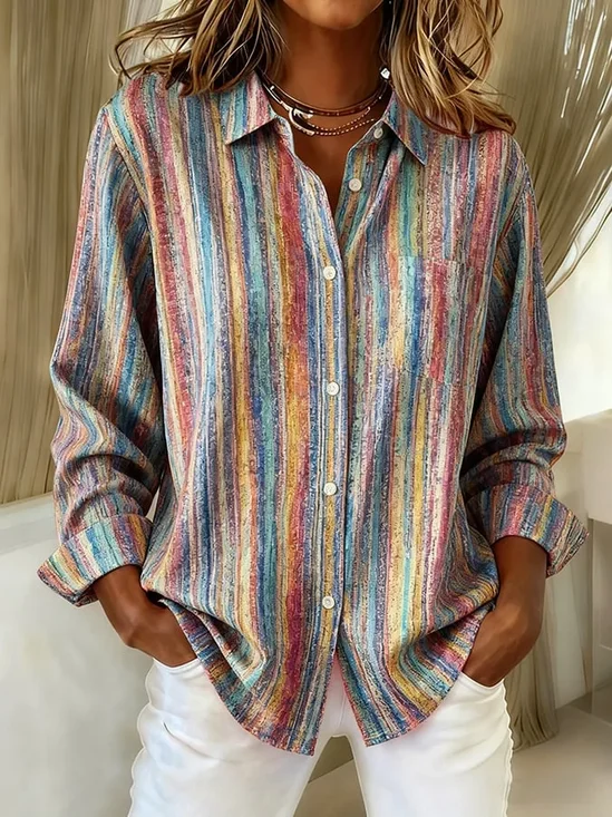 Women Striped Long Sleeve Shirt Spring/Fall Buckle Shirt Collar Regular Sleeve Daily Casual Top