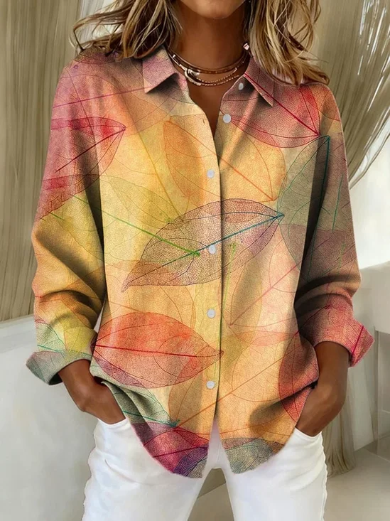 Women Leaf Long Sleeve Shirt Spring/Fall Buckle Shirt Collar Regular Sleeve Daily Casual Top