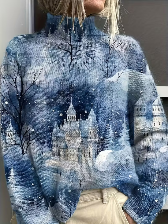 Women Christmas Printing Spring/Fall Vintage Long Sleeve Turtleneck Sweater