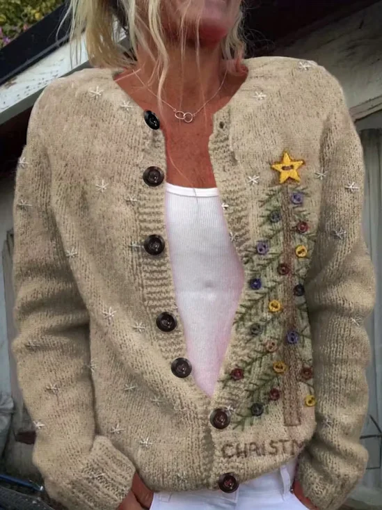 Women Christmas Printing Long Sleeve Crew Neck Vintage Spring/Fall Cardigan Outerwear