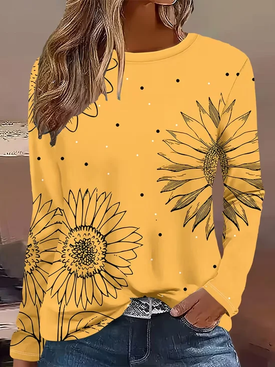 Women Sunflower Long Sleeve Tee T-shirt Crew Neck Printing Casual Spring/Fall Graphic Tee Top