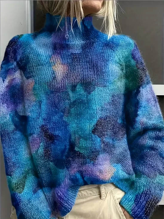 Women Abstract Printing Spring/Fall Vintage Long Sleeve Turtleneck Sweater