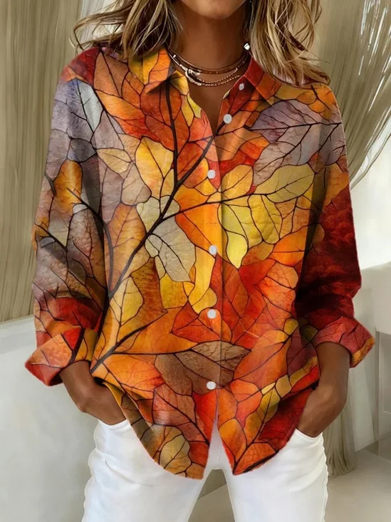 Women Maple Leaf Long Sleeve Shirt Spring/Fall Buckle Shirt Collar Regular Sleeve Daily Casual Top