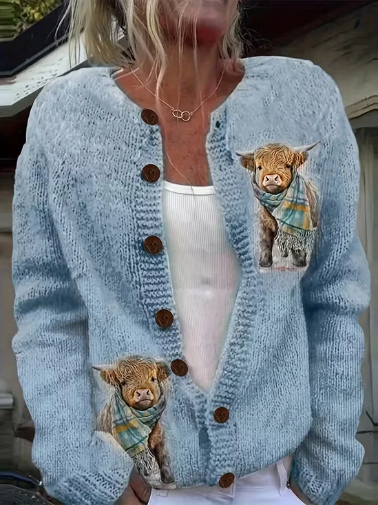 Women Cattle Printing Long Sleeve Crew Neck Vintage Spring/Fall Cardigan Outerwear