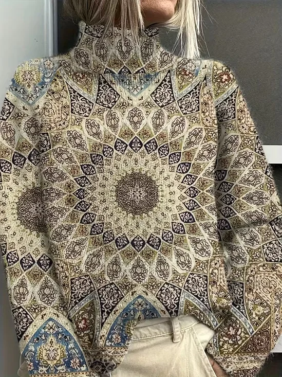 Women Abstract Printing Spring/Fall Vintage Long Sleeve Turtleneck Sweater