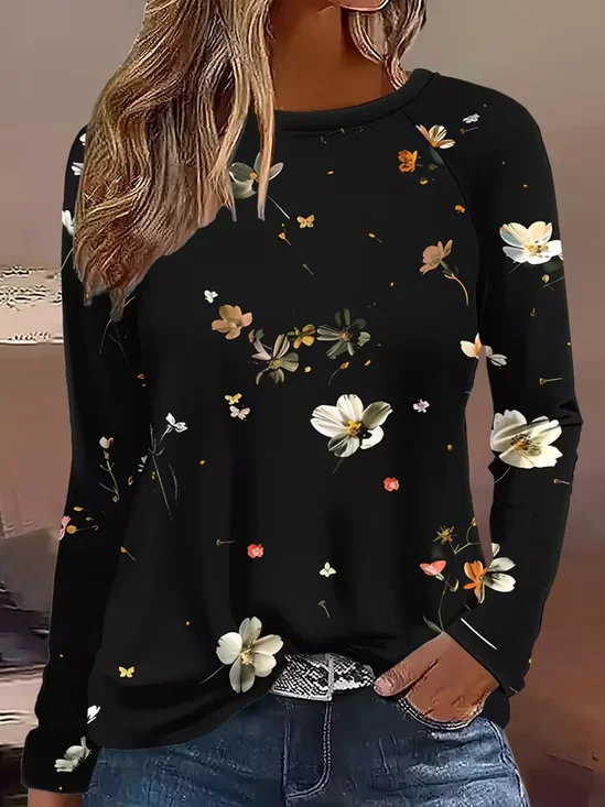 Women Floral Long Sleeve Tee T-shirt Crew Neck Printing Casual Spring/Fall Graphic Tee Top
