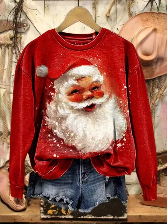 Women Santa Claus Crew Neck Printing Casual Spring/Fall Long Sleeve Sweatshirt