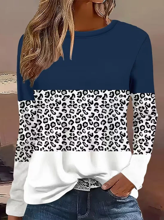 Women Leopard Long Sleeve Tee T-shirt Crew Neck Printing Casual Spring/Fall Graphic Tee Top