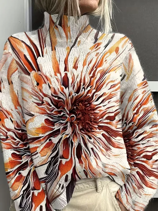 Women Abstract Printing Spring/Fall Vintage Long Sleeve Turtleneck Sweater
