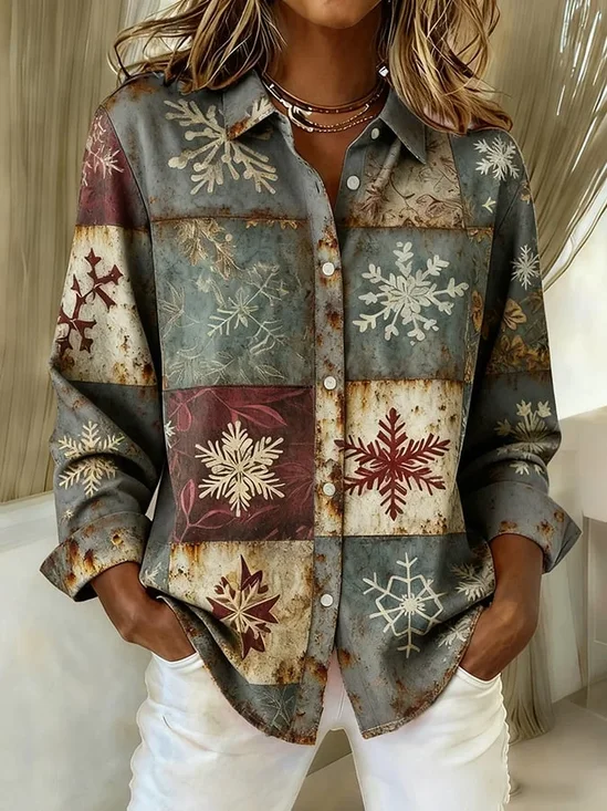 Women Christmas Long Sleeve Shirt Spring/Fall Buckle Shirt Collar Regular Sleeve Daily Casual Top