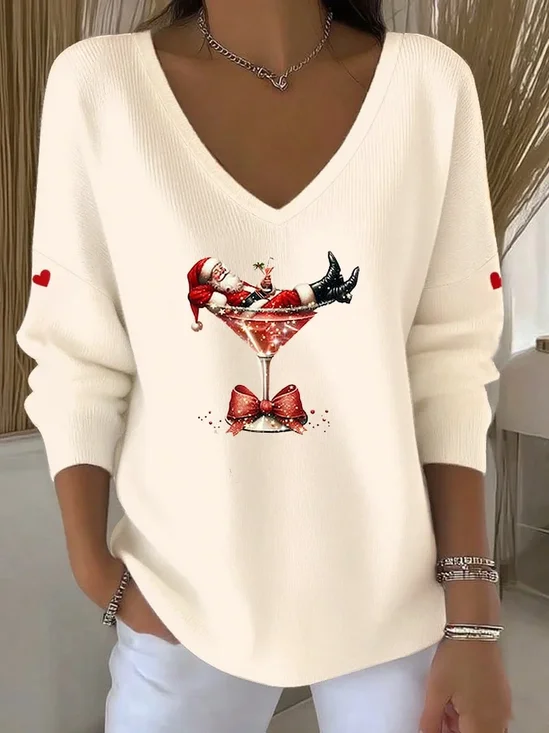 Women Santa Claus Long Sleeve Tee T-shirt V Neck Printing Casual Spring/Fall Top