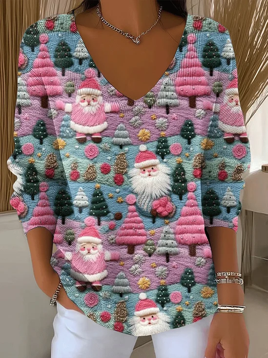 Women Santa Claus Long Sleeve Tee T-shirt V Neck Printing Casual Spring/Fall Top