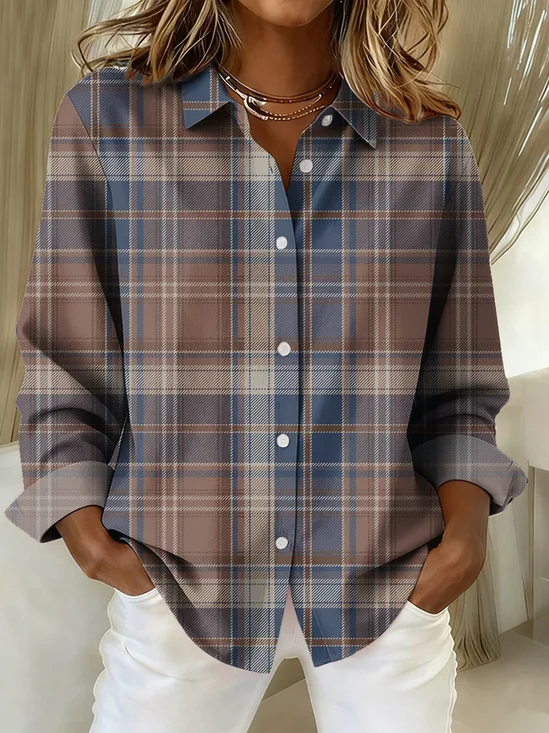 Women Plaid Long Sleeve Shirt Spring/Fall Buckle Shirt Collar Regular Sleeve Daily Casual Top