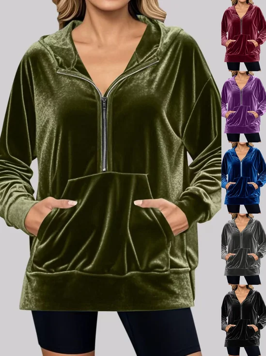Women Plain Stand Collar Split Joint Casual Spring/Fall Long Sleeve Sweatshirt