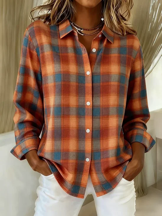 Women Plaid Long Sleeve Shirt Spring/Fall Buckle Shirt Collar Regular Sleeve Daily Casual Top