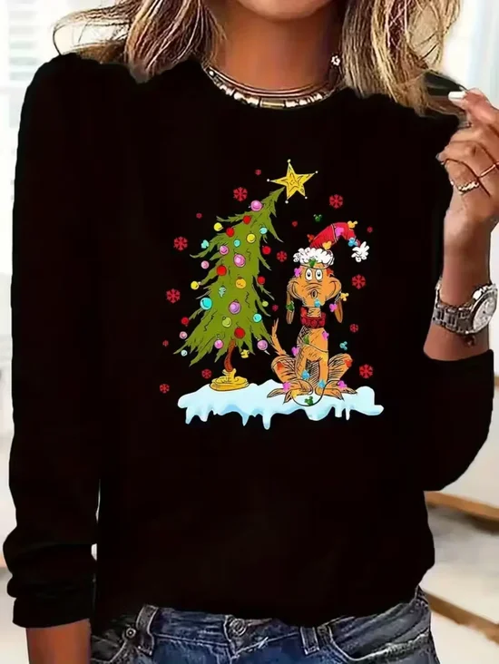 Women Christmas Long Sleeve Tee T-shirt Crew Neck Printing Casual Spring/Fall Graphic Tee Top