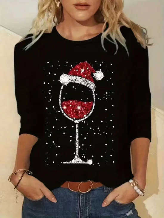 Women Christmas Long Sleeve Tee T-shirt Crew Neck Printing Casual Spring/Fall Graphic Tee Top