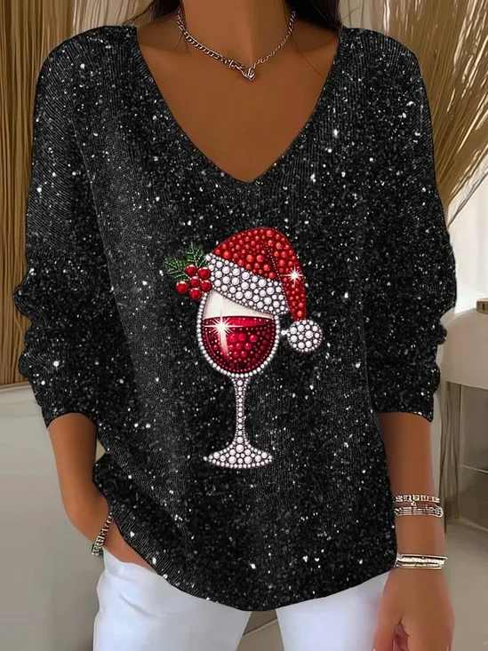 Women Christmas Long Sleeve Tee T-shirt V Neck Printing Casual Spring/Fall Top