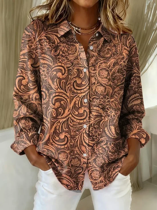 Women Floral Long Sleeve Shirt Spring/Fall Buckle Shirt Collar Regular Sleeve Daily Casual Top