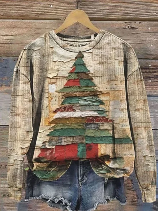 Women Christmas Crew Neck Printing Casual Spring/Fall Long Sleeve Sweatshirt