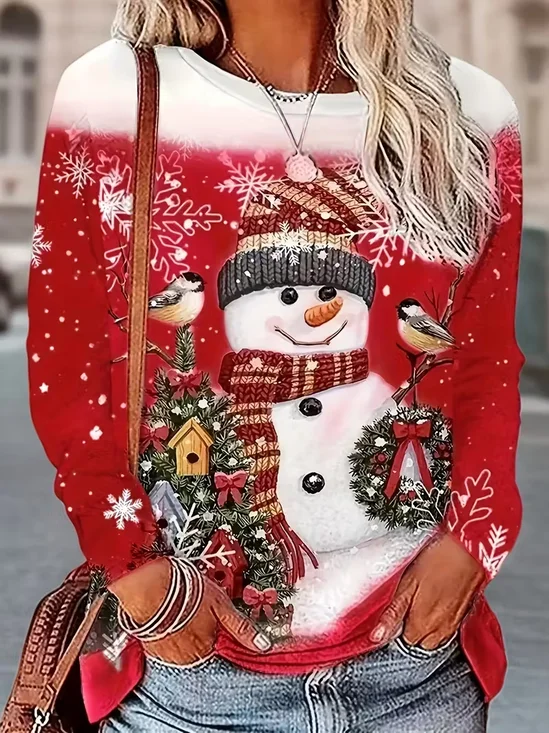 Women Christmas Snowman Long Sleeve Tee T-shirt Crew Neck Printing Casual Spring/Fall Graphic Tee Top