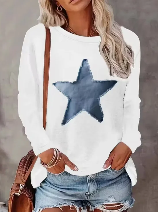 Women Star Long Sleeve Tee T-shirt Crew Neck Printing Casual Spring/Fall Graphic Tee Top