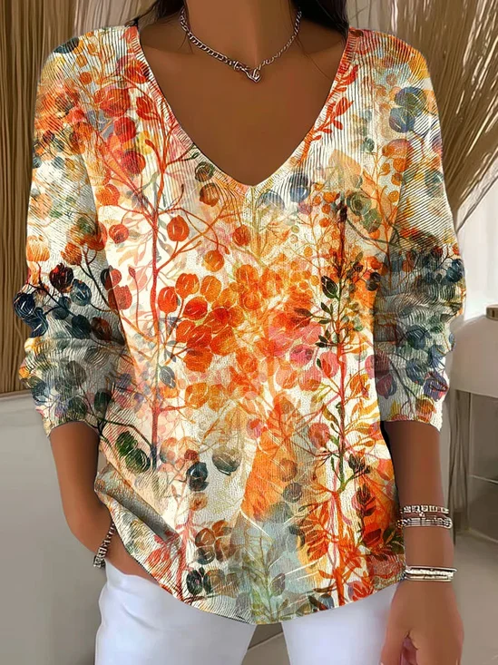 Women Floral Long Sleeve Tee T-shirt V Neck Printing Casual Spring/Fall Top