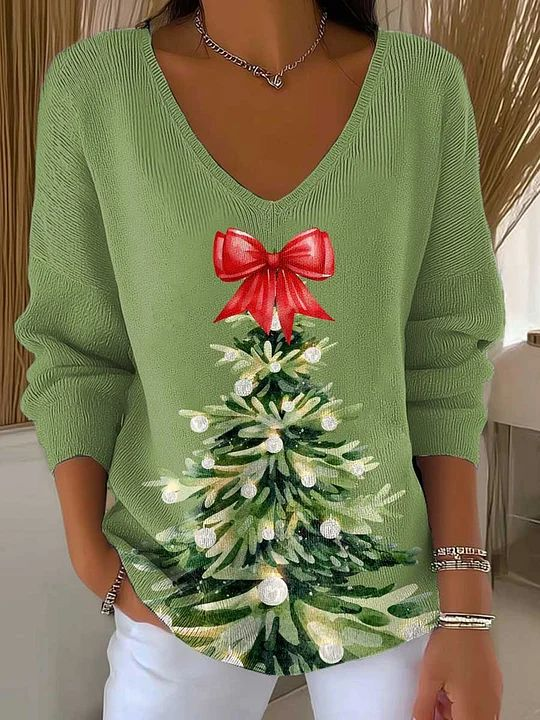 Women Christmas Long Sleeve Tee T-shirt V Neck Printing Casual Spring/Fall Top
