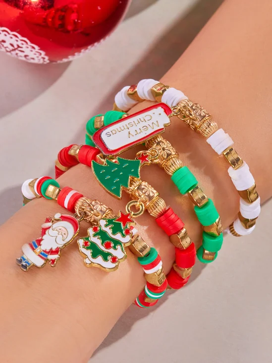 Christmas Polymer Clay Bracelet Christmas Colorful Santa Claus Snowflake Snowman Bracelet Christmas Bracelet Set