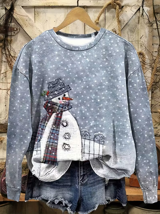 Women Christmas Snowman Crew Neck Printing Casual Spring/Fall Long Sleeve Sweatshirt