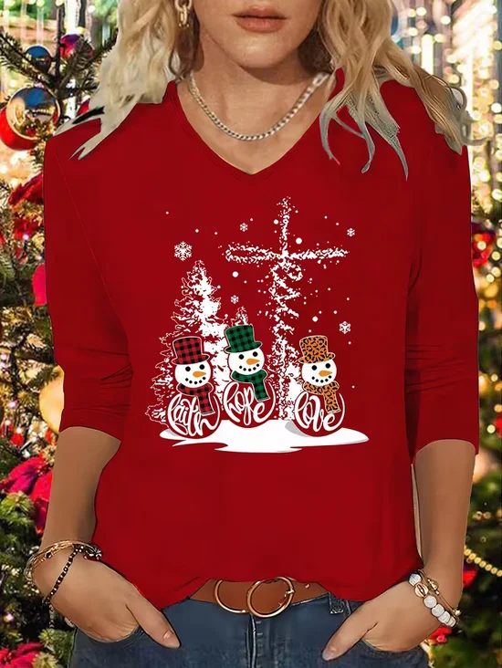 Women Christmas Snowman Long Sleeve Tee T-shirt V Neck Printing Casual Spring/Fall Graphic Tee Top