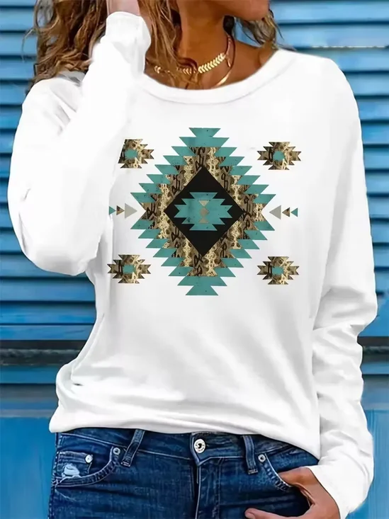Women Ethnic Long Sleeve Tee T-shirt Crew Neck Printing Casual Spring/Fall Graphic Tee Top