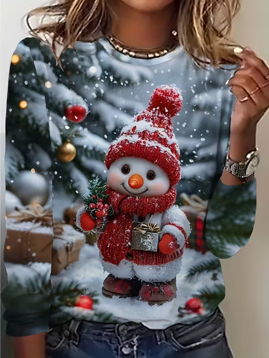 Women Christmas Snowman Long Sleeve Tee T-shirt Crew Neck Printing Casual Spring/Fall Graphic Tee Top
